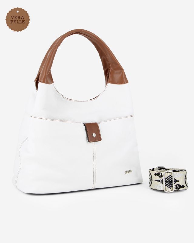 Prodotto: DIVAS - Borsa sacca bianca in VERA PELLE con tasca frontale, tracolla removibile - MADE IN ITALY