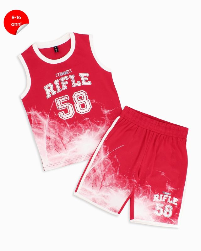 Prodotto: RIFLE - Completo smanicato basket rosso ragazzo 8-16 anni in cotone