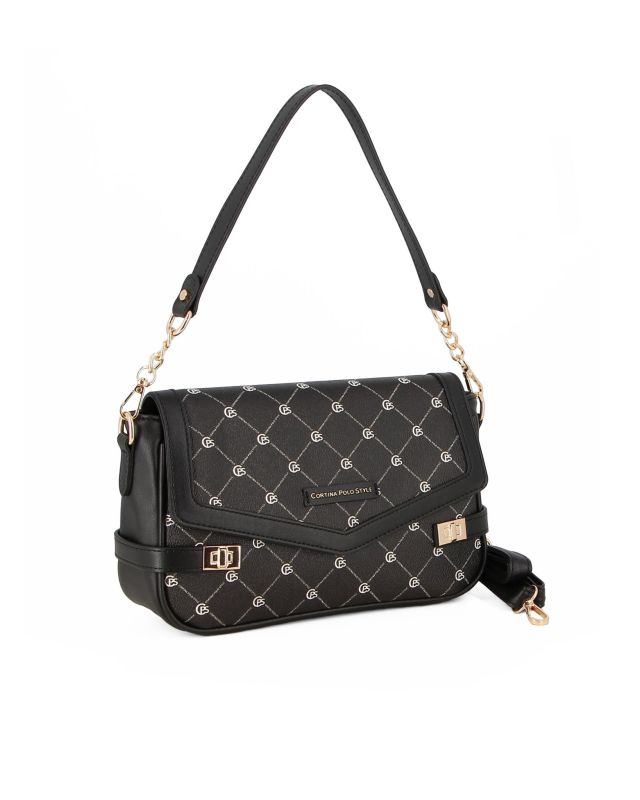 Prodotto: CORTINA POLO STYLE - Borsa a spalla nera loggata con patta e tracolla