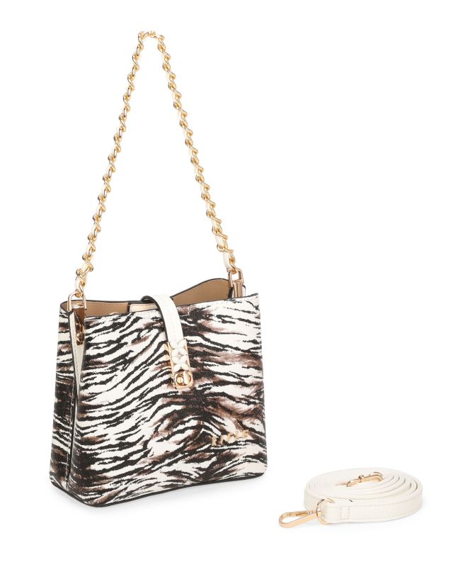 Prodotto: RIFLE - Minibag animalier bianca con tre scomparti principali e pattina con chiusura a girello, tracolla removibile