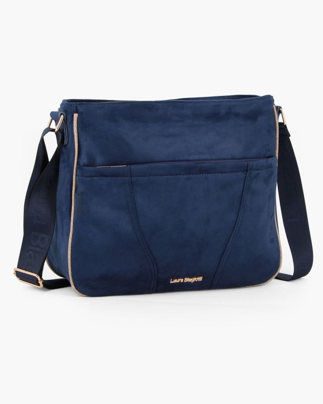 Prodotto: LAURA BIAGIOTTI - Borsa sacca blu scamosciata con tasca frontale e posteriore