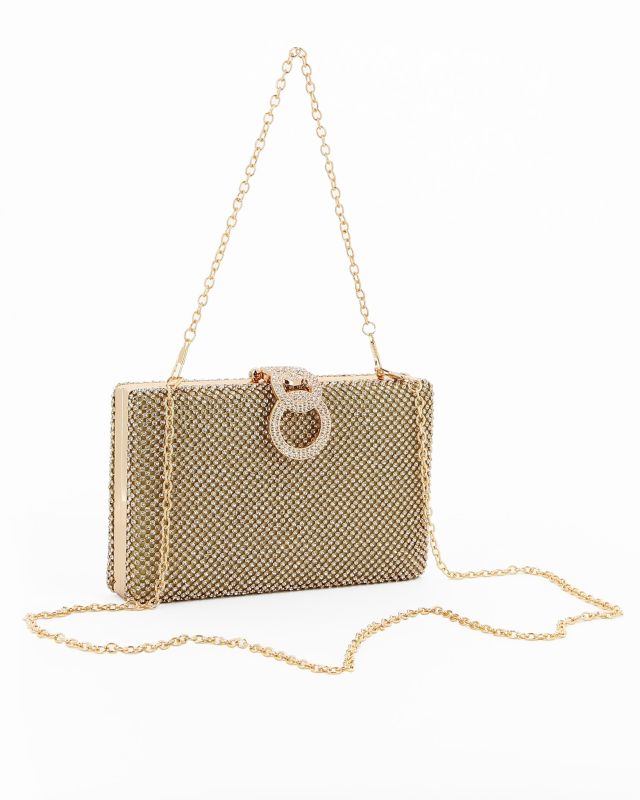 Prodotto: Pochette clutch oro con strass argento e chiusura tre anelli con strass - DIVAS