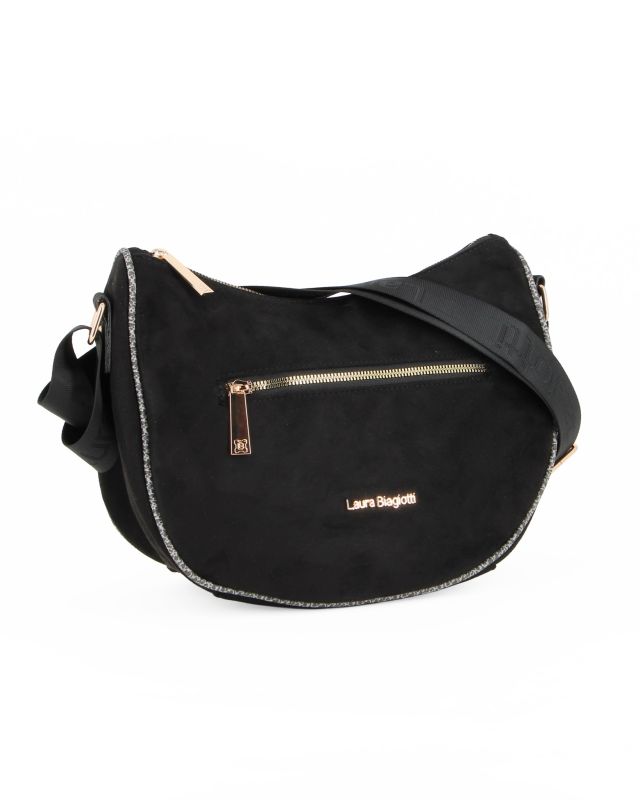 Prodotto: LAURA BIAGIOTTI - Borsa mezzaluna scamosciata nera, con tracolla e tasca posteriore e frontale