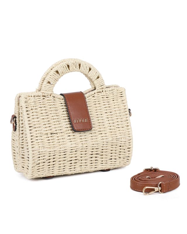 Prodotto: RIFLE - Borsa due manici rigida beige in paglia con pattina, tracolla removibile