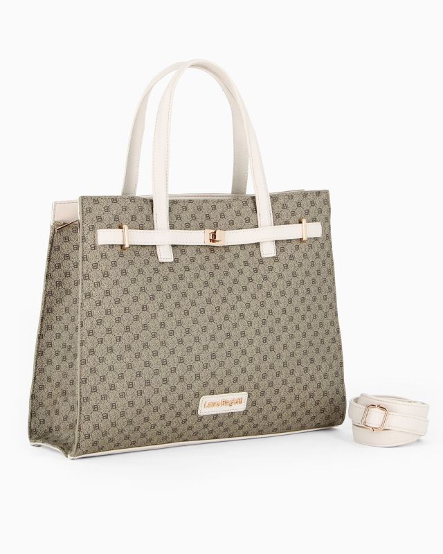 Prodotto: LAURA BIAGIOTTI - Borsa due manici burro loggata con dettaglio cinturino frontale con girello, tracolla removibile