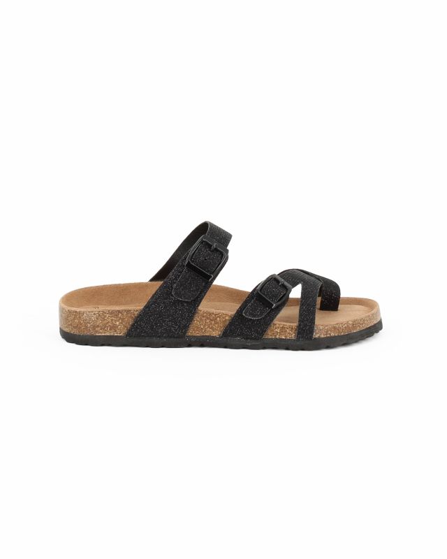 Prodotto: BACHATA- Ciabatta infradito nera glitterata con fasce incrociate, sottopiede in VERA PELLE