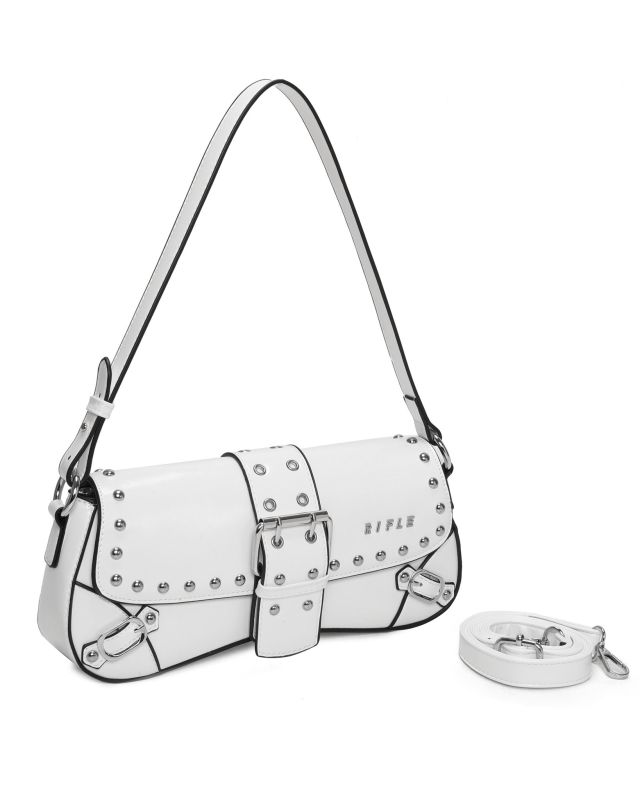 Prodotto: RIFLE - Borsa a spalla bianca con patta, fibbie e borchie, tracolla removibile