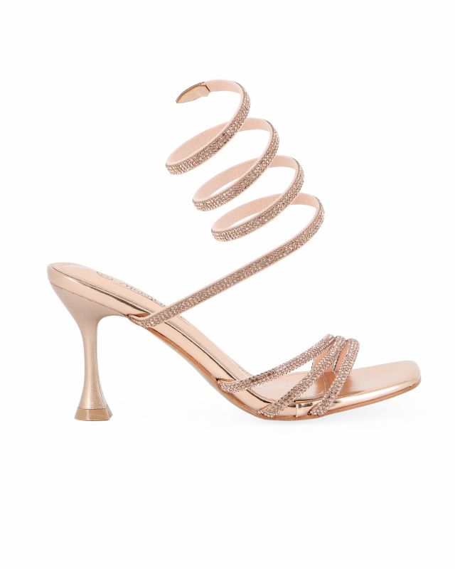 Prodotto: MISS GLOBO - Sandalo a spirale champagne in strass con punta quadrata, tacco 8CM