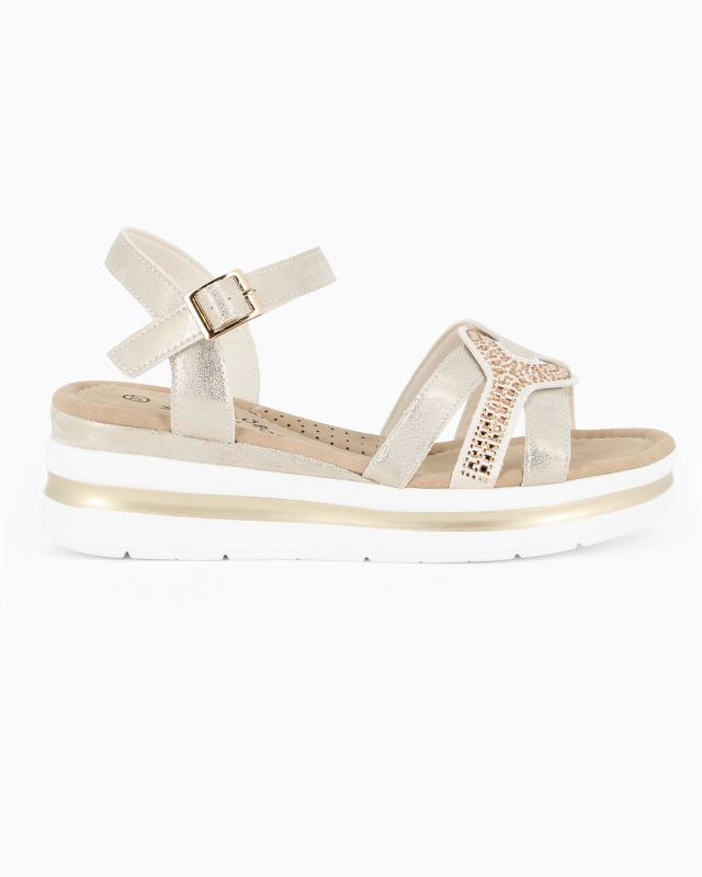 Prodotto: MISS GLOBO - Sandalo beige platform con sottopiede memory soft e dettaglio strass, zeppa 5CM