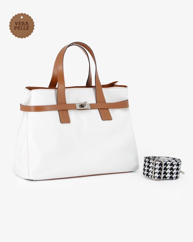 Prodotto: DIVAS - Borsa due manici bianca in VERA PELLE con tracolla nastro - MADE IN ITALY