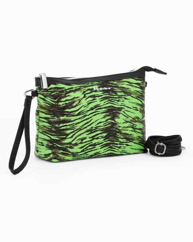 Prodotto: NARDINI - Pochette animalier verde con polsiera, tracolla removibile