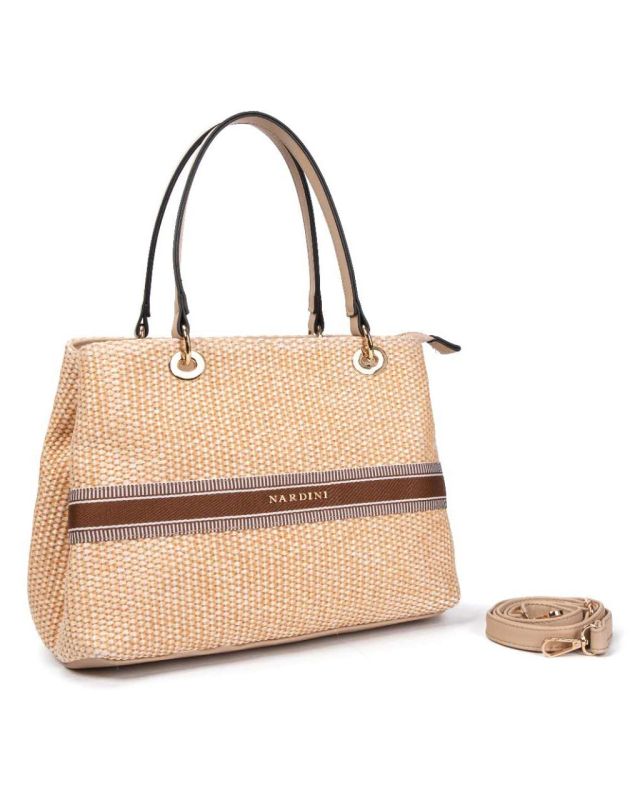 Prodotto: NARDINI - Borsa due manici beige in paglia con tre scomparti interni, tracolla removibile