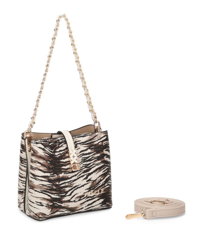 Prodotto: RIFLE - Minibag animalier beige con tre scomparti principali e pattina con chiusura a girello, tracolla removibile