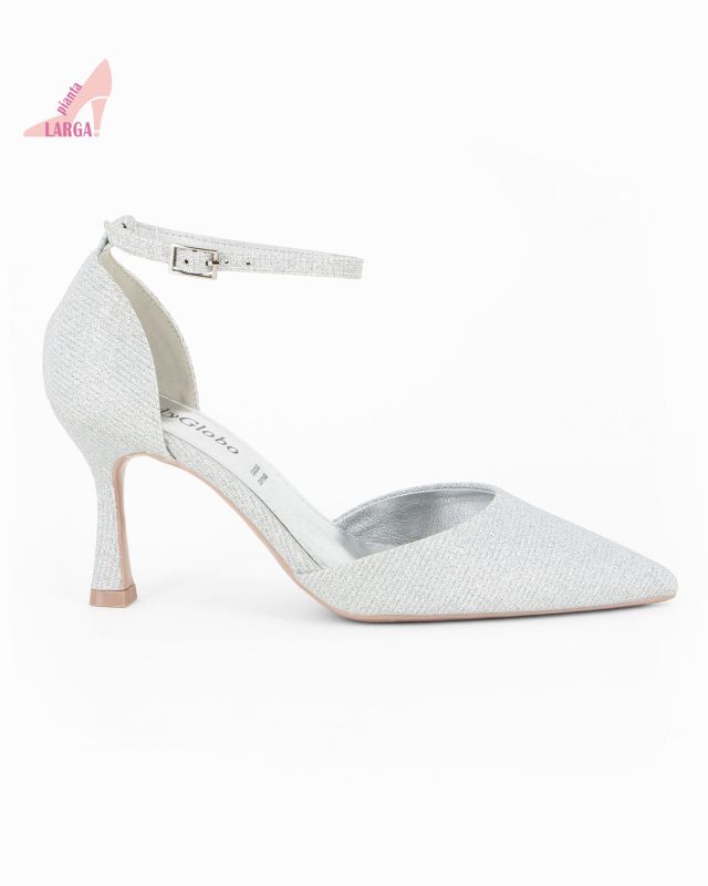Prodotto: LADY GLOBO - Décolleté argento in lurex con cinturino alla caviglia, calzata comoda, tacco 8CM