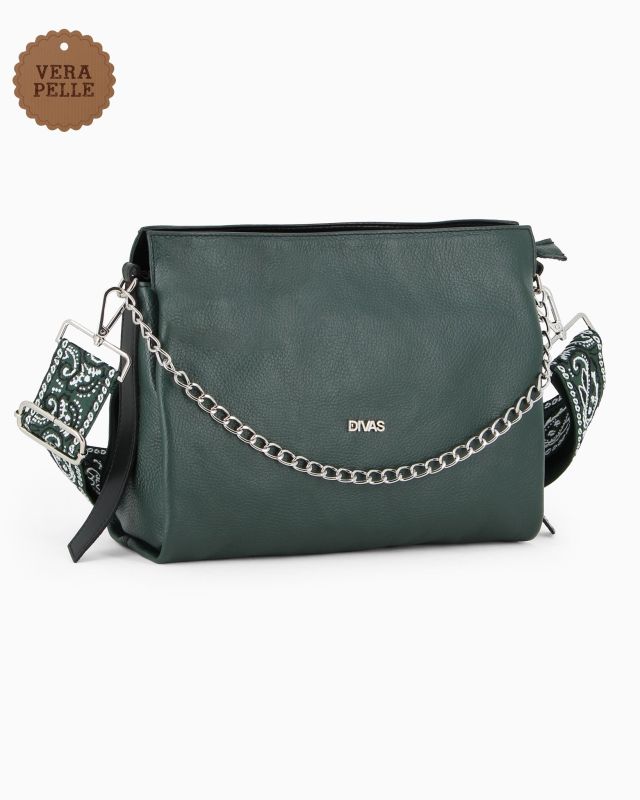 Prodotto: DIVAS - Borsa sacca verde in VERA PELLE con tracolla nastro - MADE IN ITALY