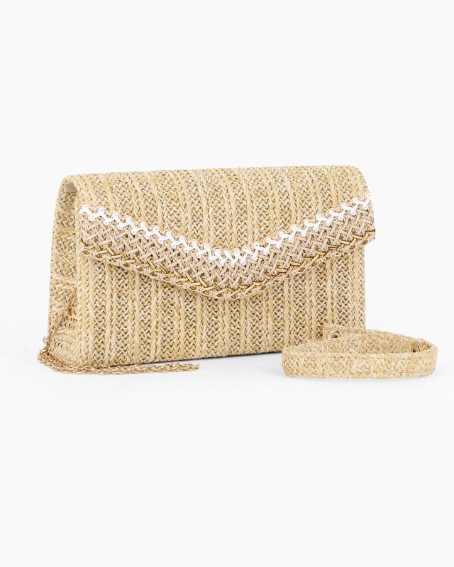 Prodotto: DIVAS - Pochette crema in paglia con patta, manico e catenina removibili