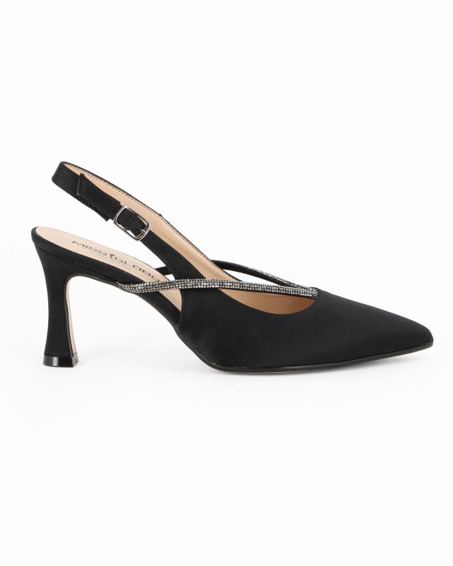 Prodotto: MISS GLOBO - Décolleté slingback nera in raso con cinturini in strass, tacco 7CM - MADE IN ITALY