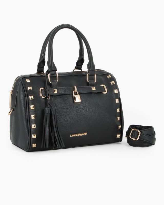 Prodotto: LAURA BIAGIOTTI - Bauletto nero con borchie, pennacchi con frange e cinturino con lucchetto, tracolla removibile