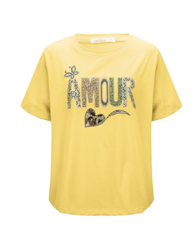 Prodotto: BACHATA - Tshirt manica corta gialla con scritta e strass