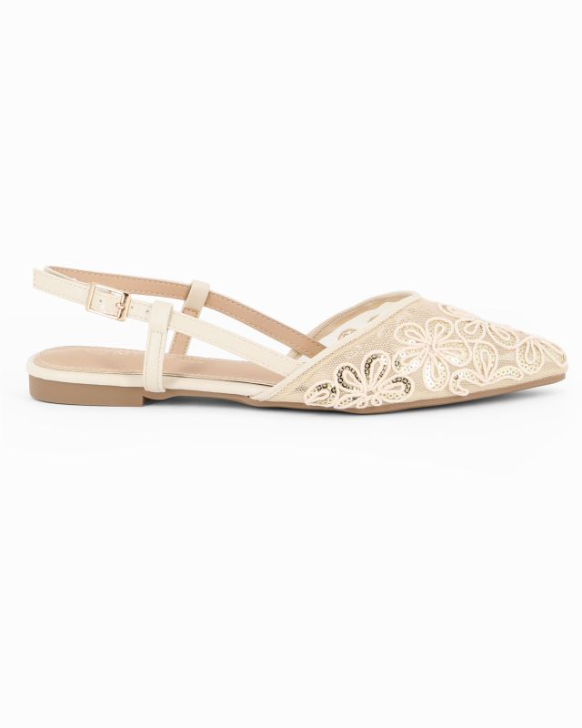 Prodotto: MY JEWELS - Ballerina slingback beige a rete con fiori e paillettes