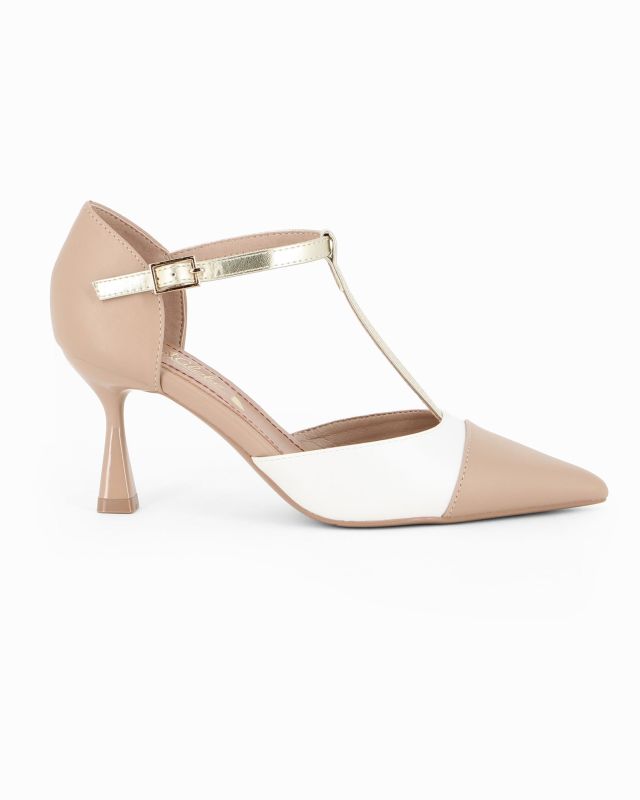 Prodotto: MISS GLOBO - Décolleté beige e bianca con sottopiede in VERA PELLE e cinturino alla caviglia, tacco 7,5CM