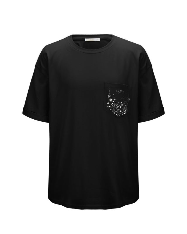Prodotto: BACHATA - Tshirt manica corta nera con taschino e scritta