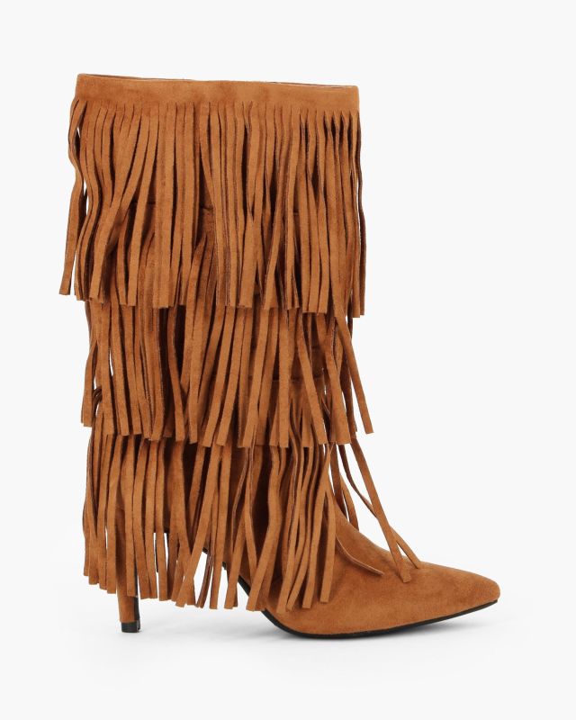 Prodotto: MISS GLOBO - Stivale camel scamosciato con frange e zip laterale, tacco 8CM