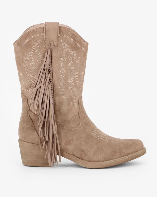 Prodotto: ZOE - Stivale texano beige scamosciato con zip laterale e frange, tacco 5CM