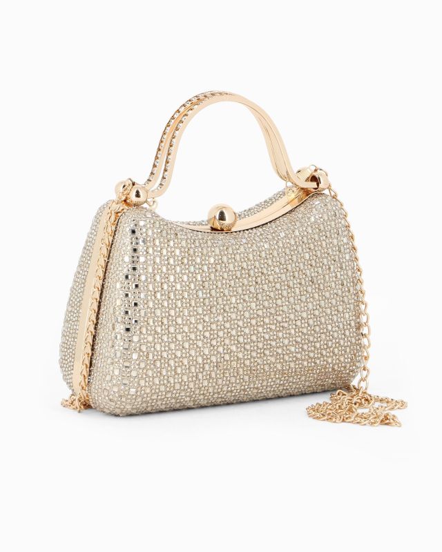 Prodotto: DIVAS - Clutch rigida oro in strass con due manici e pomello
