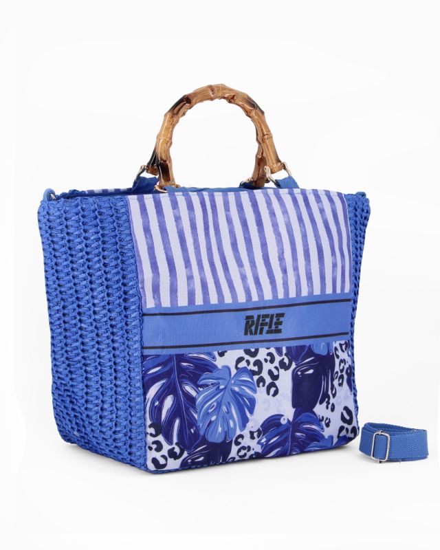 Prodotto: RIFLE - Borsa mare in paglia blu con manici in bamboo, tracolla removibile