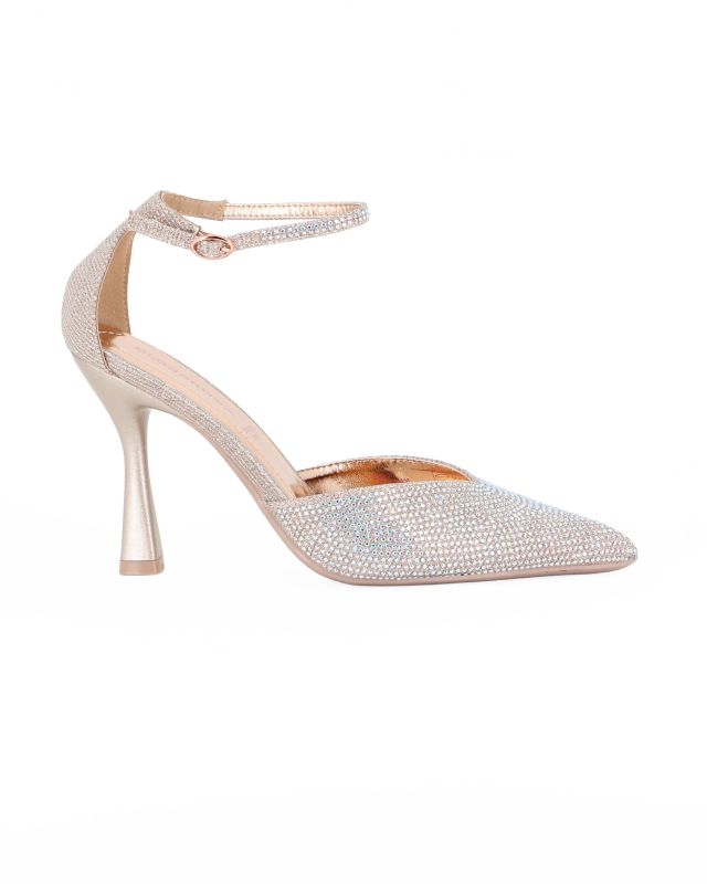 Prodotto: GLOBO ROSA - Décolleté rose gold in strass con cinturino alla caviglia e sottopiede in memory foam, tacco 9,5CM