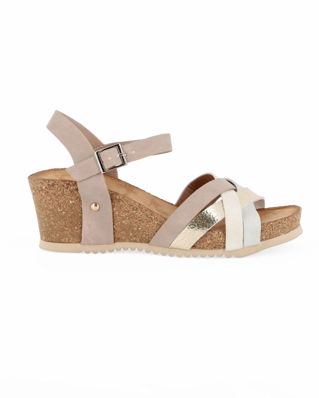 Prodotto: MISS GLOBO - Sandalo beige con cinturini incrociati, zeppa 5,5CM