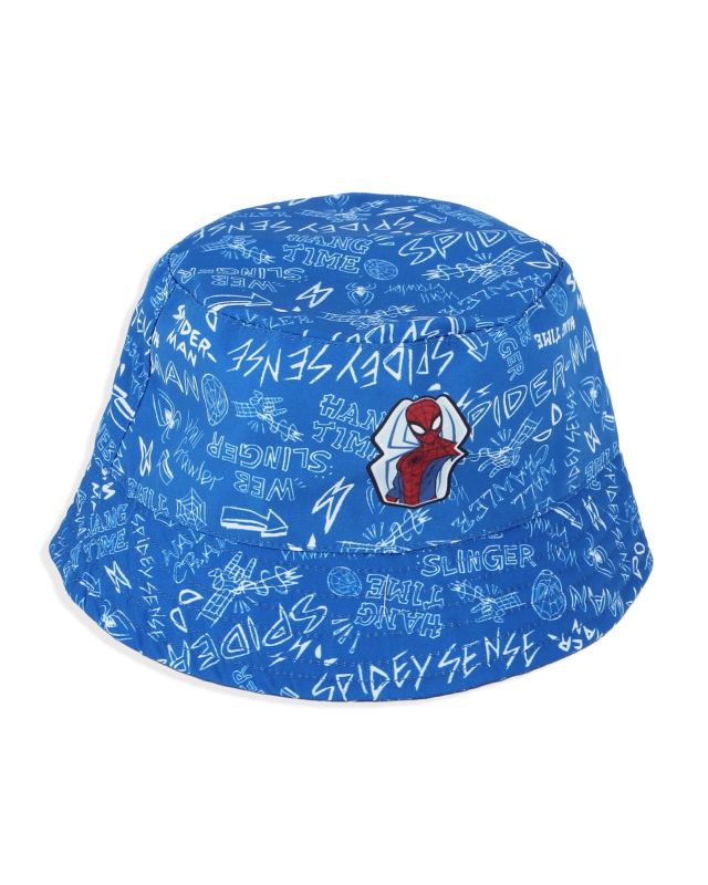 Prodotto: SPIDERMAN - Cappello blu da pescatore con scritte bianche e immagine frontale