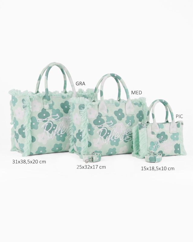 Prodotto: RIFLE - Borsa mare in tessuto verde con stampa floreale e bordi sfrangiati, tracolla removibile