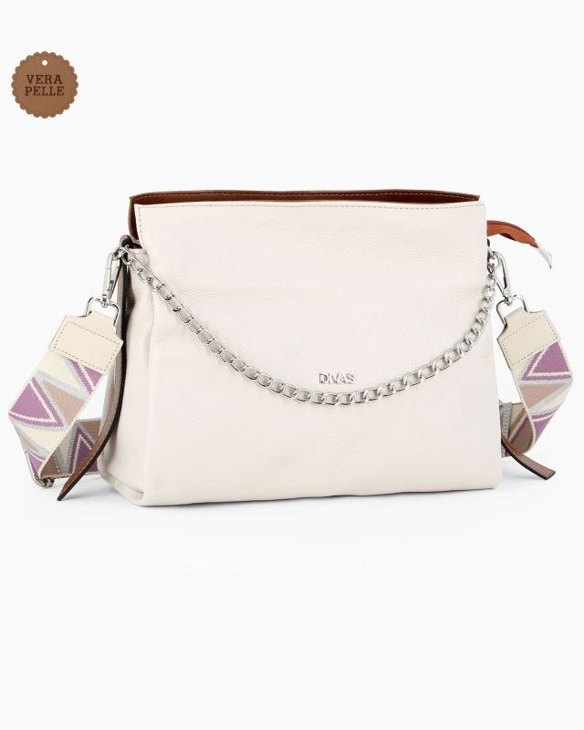 Prodotto: DIVAS - Borsa sacca beige in VERA PELLE con tracolla nastro - MADE IN ITALY