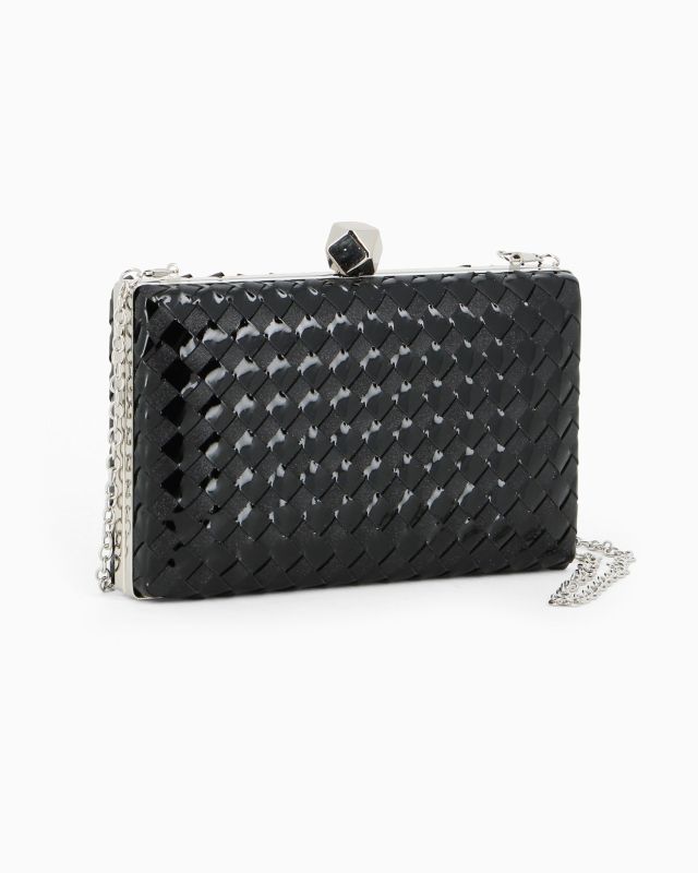 Prodotto: DIVAS - Clutch nera rigida intrecciata con pomello