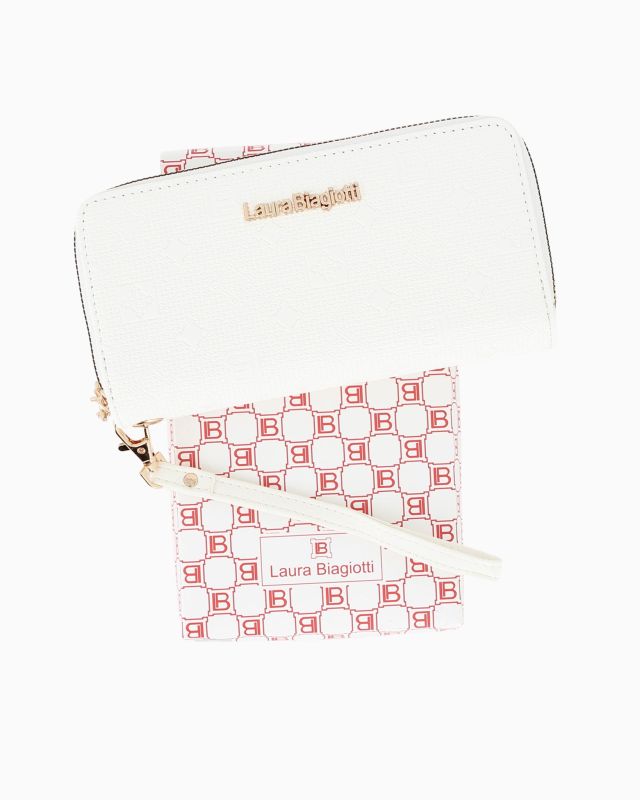 Prodotto: LAURA BIAGIOTTI - Portafoglio bianco loggato con due scomparti principali, polsiera removibile