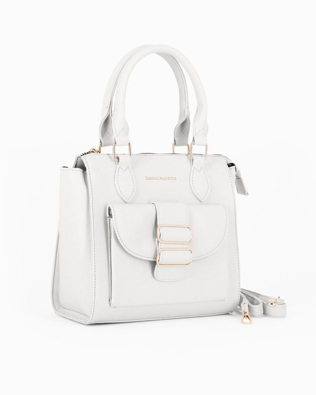 Prodotto: CORTINA POLO STYLE - Borsa due manici bianca con tasca frontale con doppia fibbia sulla patta, tracolla removibile