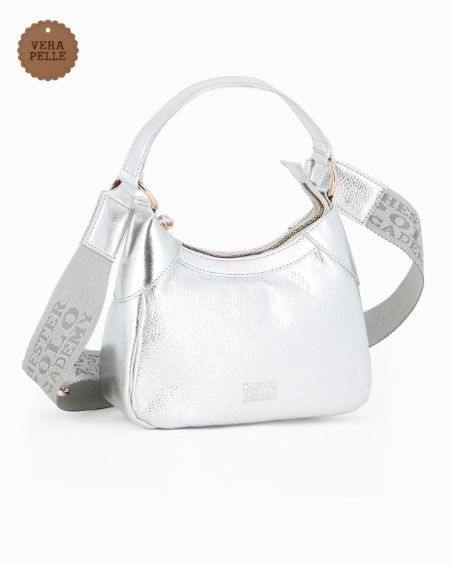 Prodotto: CHESTER POLO ACADEMY - Minibag argento in VERA PELLE con tracolla nastro loggata