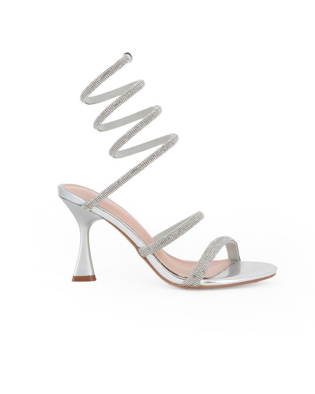Prodotto: MISS GLOBO - Sandalo gioiello argento a spirale con strass, tacco 8,5CM