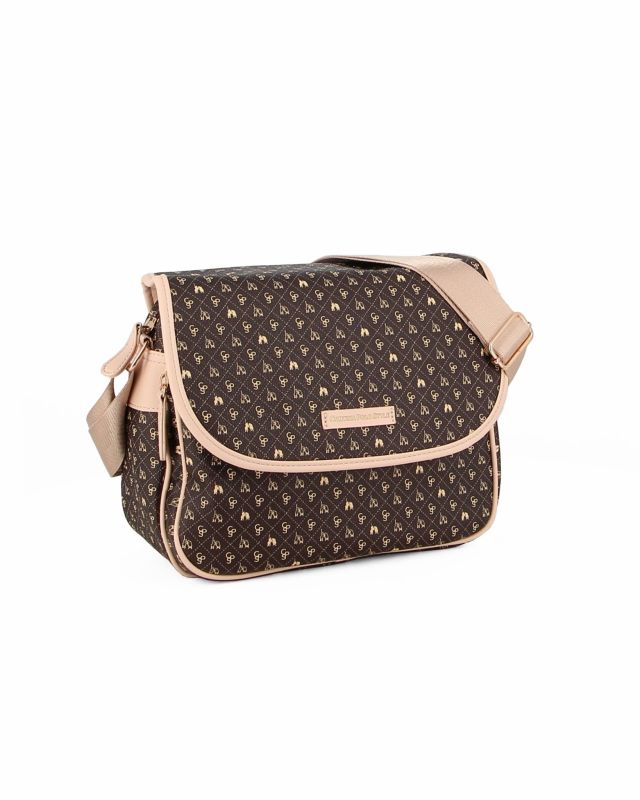 Prodotto: CORTINA POLO STYLE - Borsa marrone con dettagli beige loggata con tracolla e patta