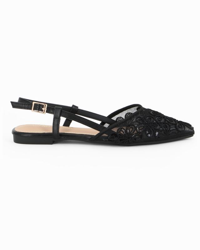 Prodotto: MY JEWELS - Ballerina slingback beige a rete con fiori e paillettes