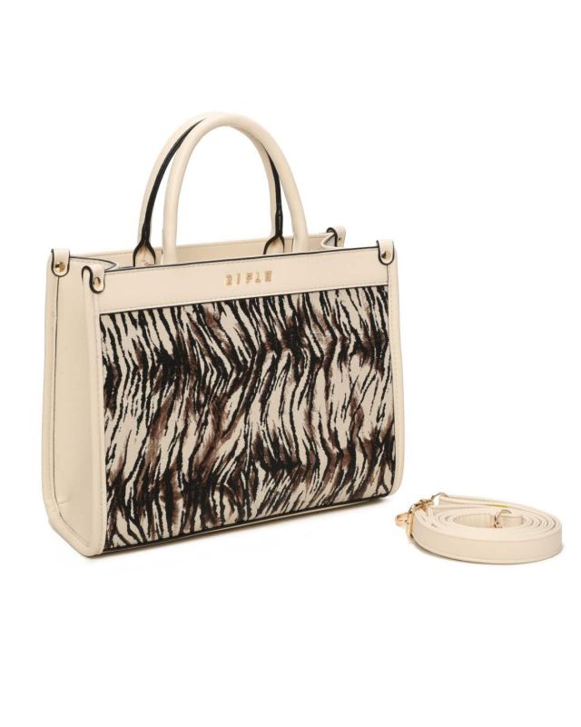 Prodotto: RIFLE - Borsa due manici animalier beige con tasca posteriore, tracolla removibile