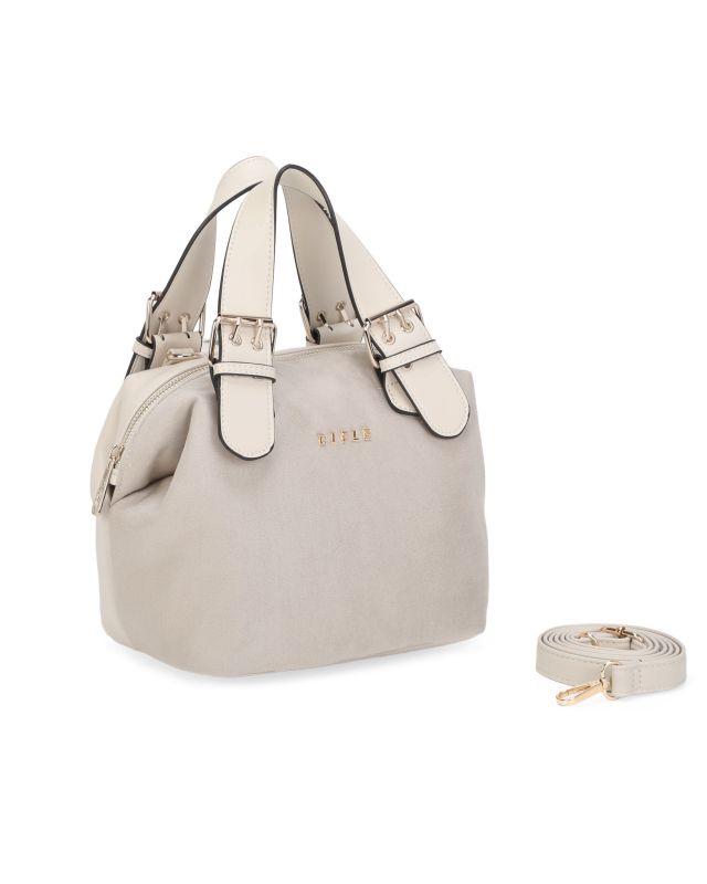 Prodotto: RIFLE - Borsa a mano beige con parte frontale scamosciata e fibbie sui manici, tracolla removibile