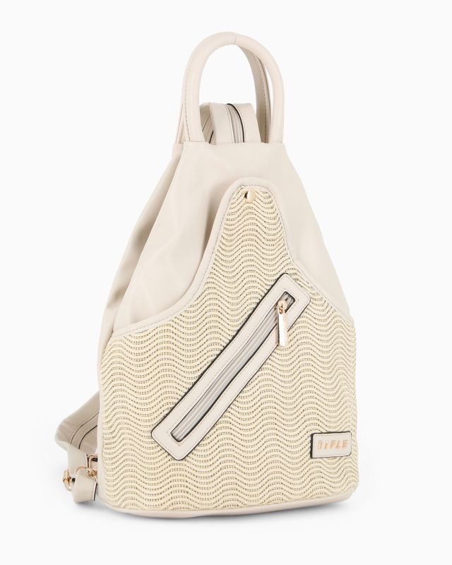 Prodotto: RIFLE - Zaino beige due manici con tasca frontale effetto paglia e spalline regolabili con zip