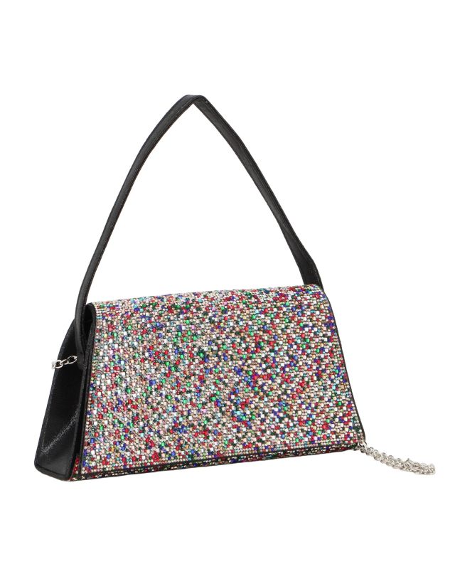 Prodotto: DIVAS - Borsa pochette nera con strass multicolor , manico e catena metallo