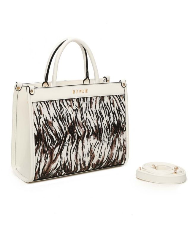 Prodotto: RIFLE - Borsa due manici animalier bianca con tasca posteriore, tracolla removibile
