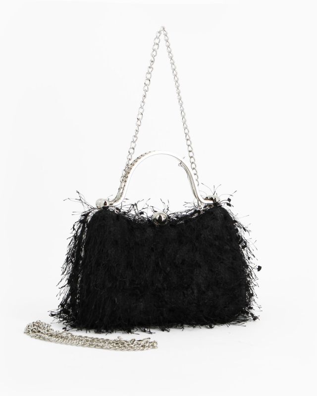 Prodotto: DIVAS - Clutch nera con piume e manici in strass, tracolla removibile