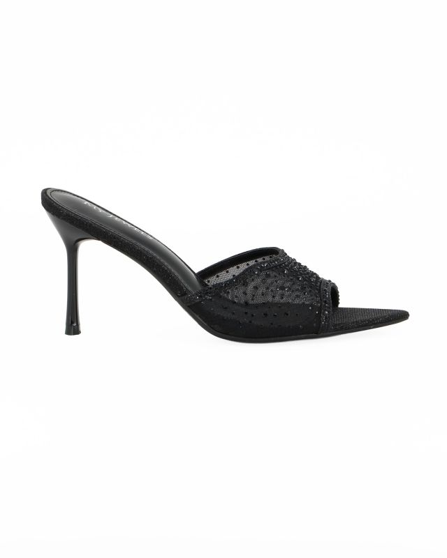 Prodotto: MY JEWELS - Sabot mules nero a punta con fascia trasparente in strass, tacco 8,5CM