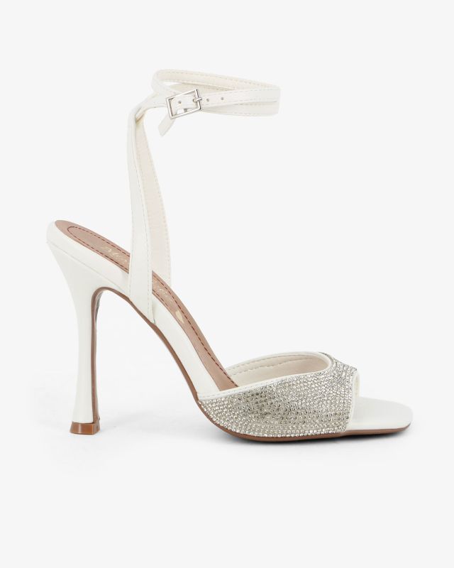 Prodotto: MISS GLOBO - Sandalo bianco con sottopiede in VERA PELLE e fascia frontale in strass, tacco 10,5CM